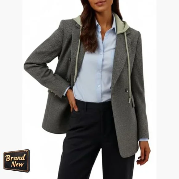 Oversized Hooded Blazer Jacket, Wool Blend, Double-Breasted, Work Office
